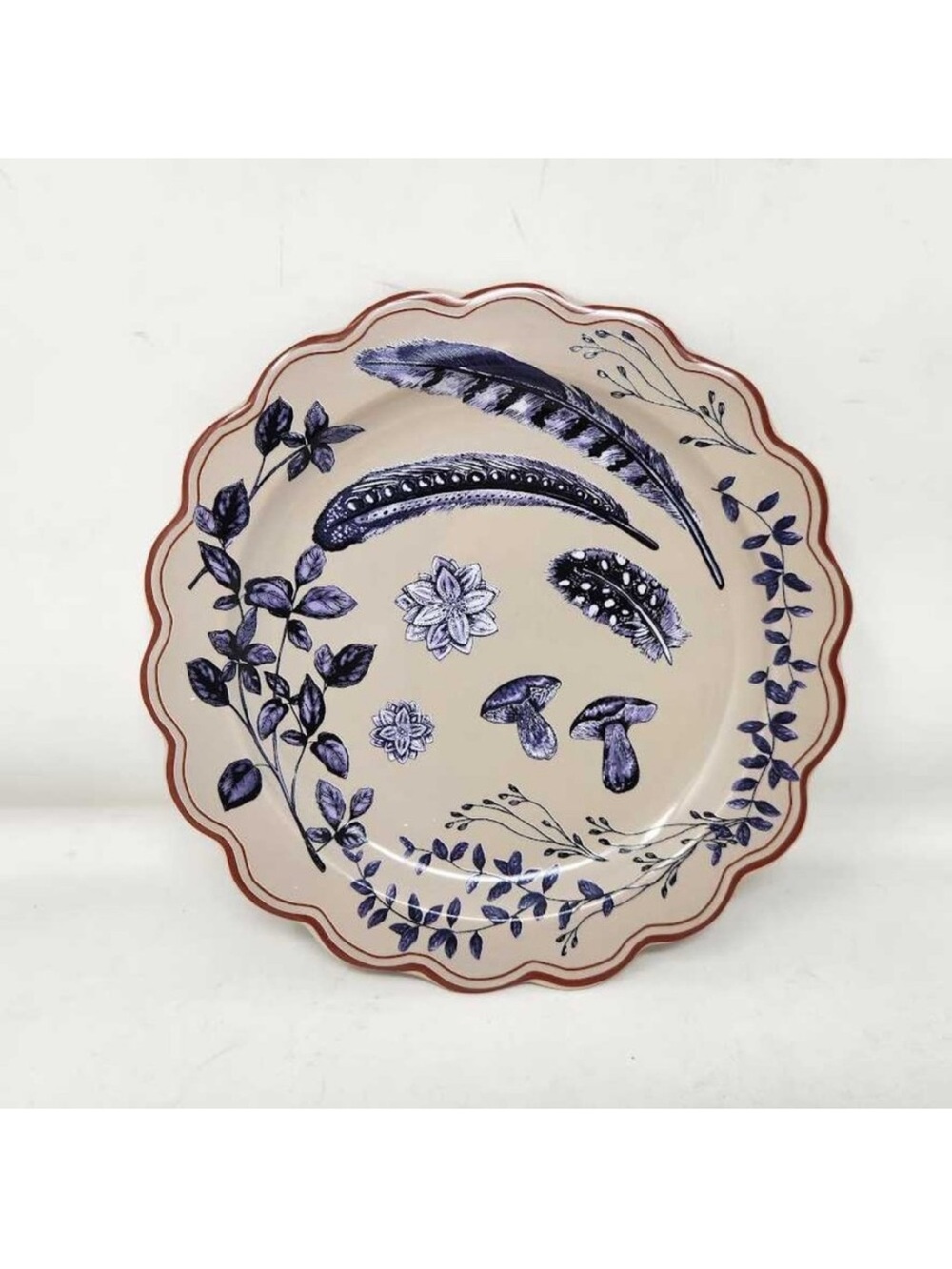 Blue Floral & Feather Scalloped Ceramic Dinner Plate